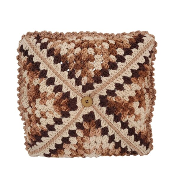 Vintage Handmade Crochet Throw Pillow Button Accent Brown Beige Retro 12x12 - Picture 2 of 6